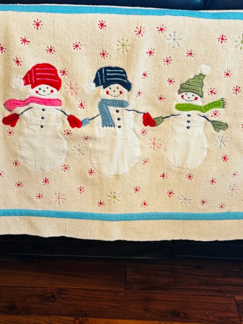 Christmas Bath Mat Embroidery Snowman Cotton Holiday Decor Wish for Joy India